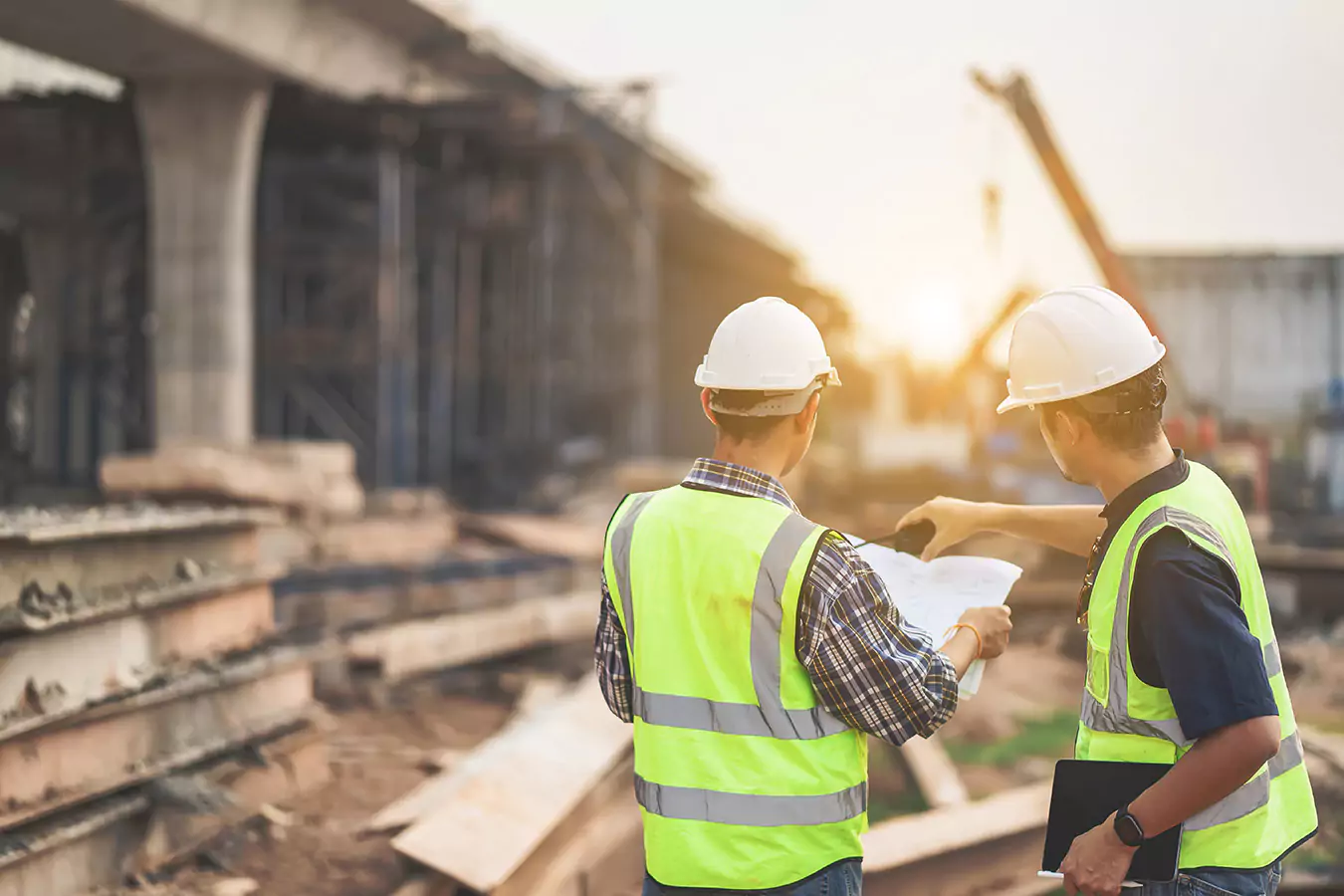 Bauarbeiter, die einen Bauplan auf der Baustelle lesen